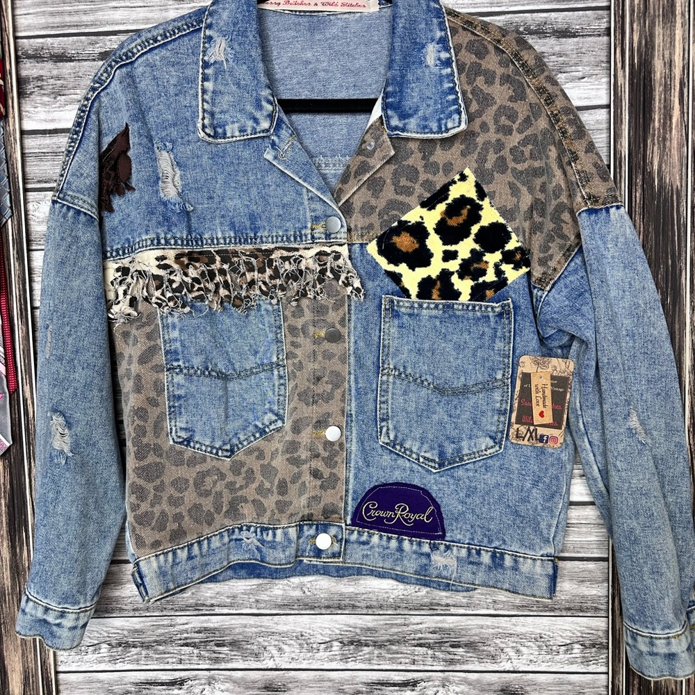 Recycled UpCycled Vintage NWOT Tito’s Crown Royal Denim Jean Jacket Gypsy Hippie - Picture 2 of 7